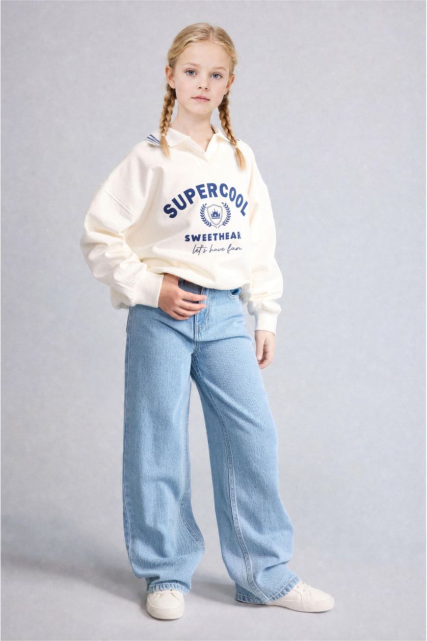 Young Girls - Teen Girls Ecru Girl Slogan Printed Polo Collar Sweatshirt