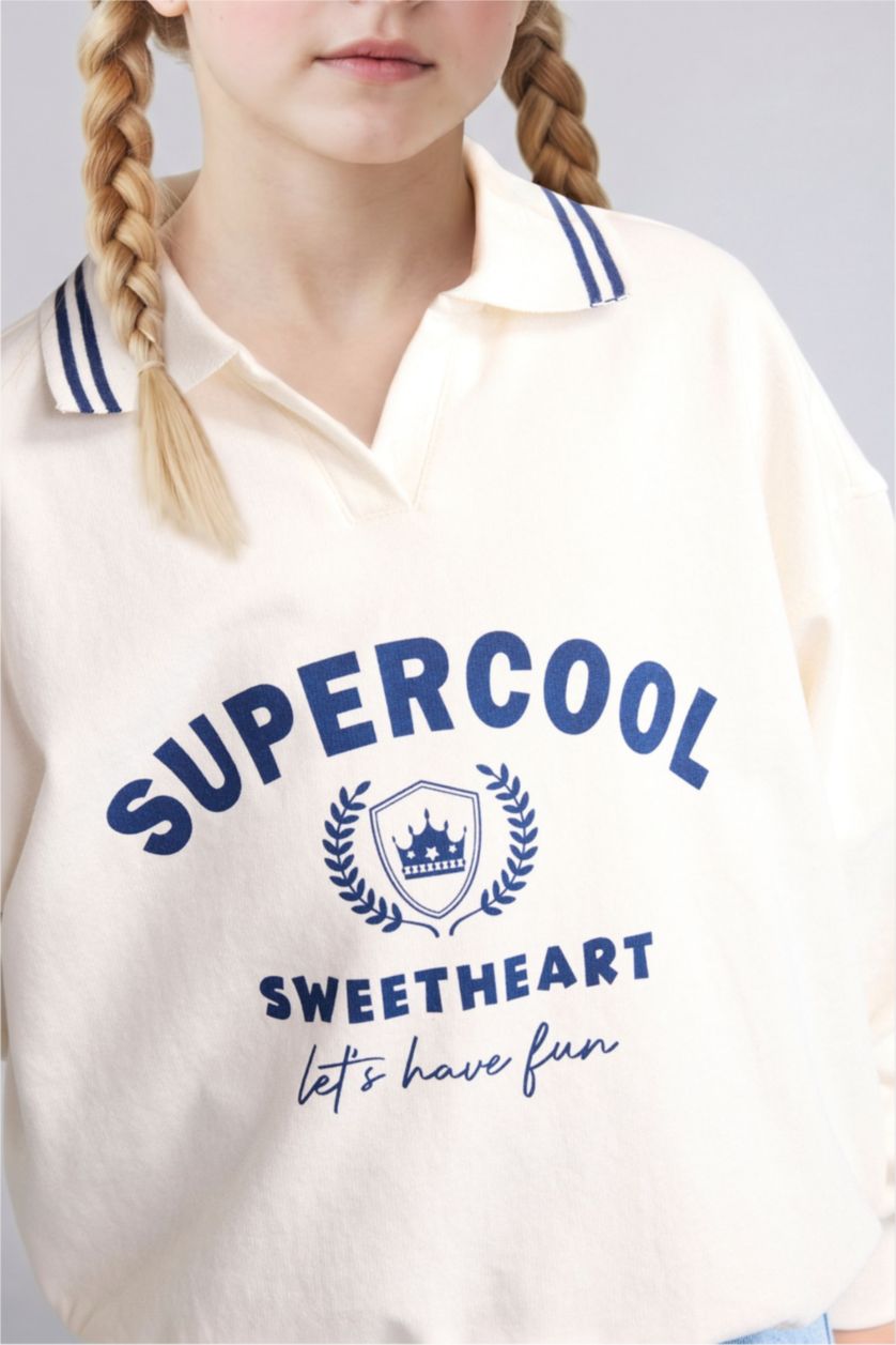 Young Girls - Teen Girls Ecru Girl Slogan Printed Polo Collar Sweatshirt