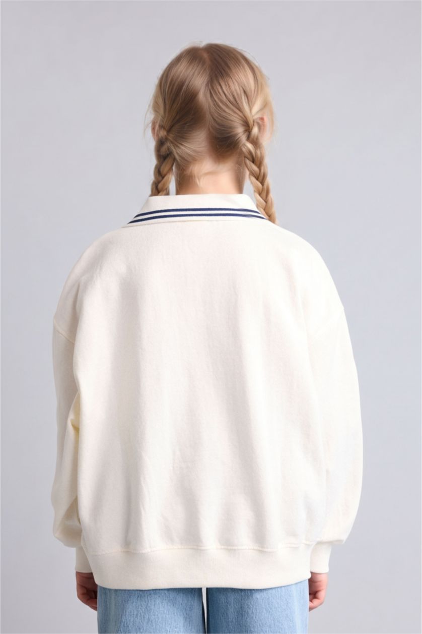 Young Girls - Teen Girls Ecru Girl Slogan Printed Polo Collar Sweatshirt