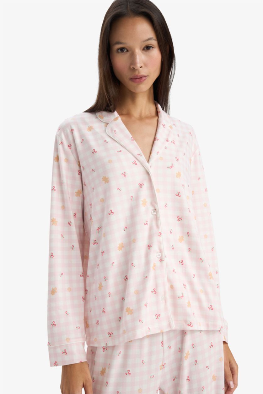 Женщины Светло-розовый Пижамный комплект регулярного кроя с узором и длинным рукавом, длинные штаны