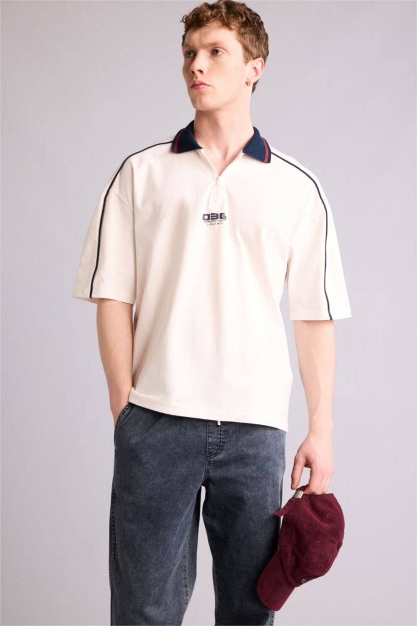 Erkek Ekru Loose Fıt Polo Tişört