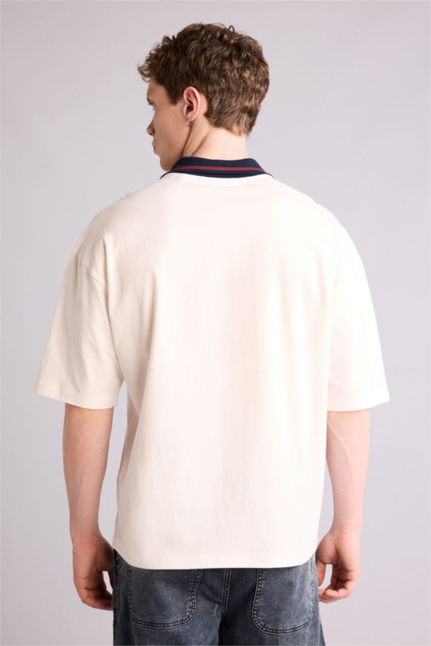Erkek Ekru Loose Fıt Polo Tişört