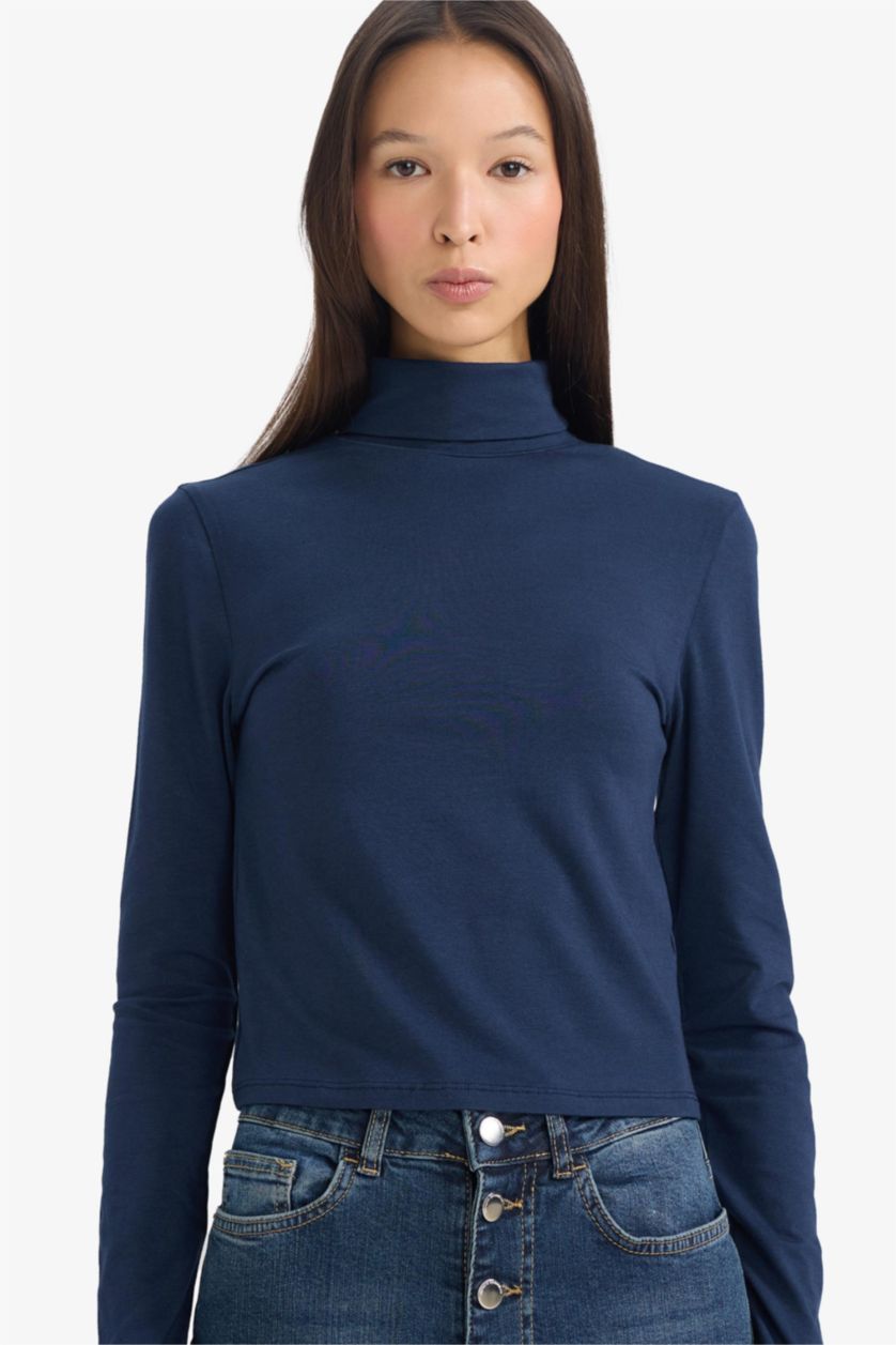 WOMAN NAVY Fitted Turtleneck Modal Long Sleeve T-shirt