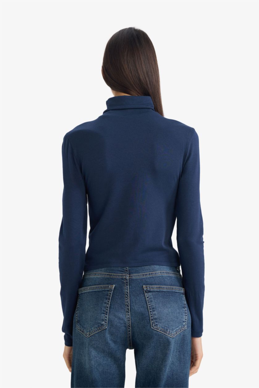 WOMAN NAVY Fitted Turtleneck Modal Long Sleeve T-shirt