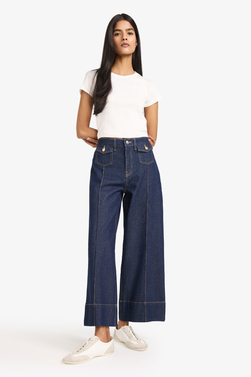 WOMAN Blue Black Short Wide Leg Crop Fit Denim Trousers