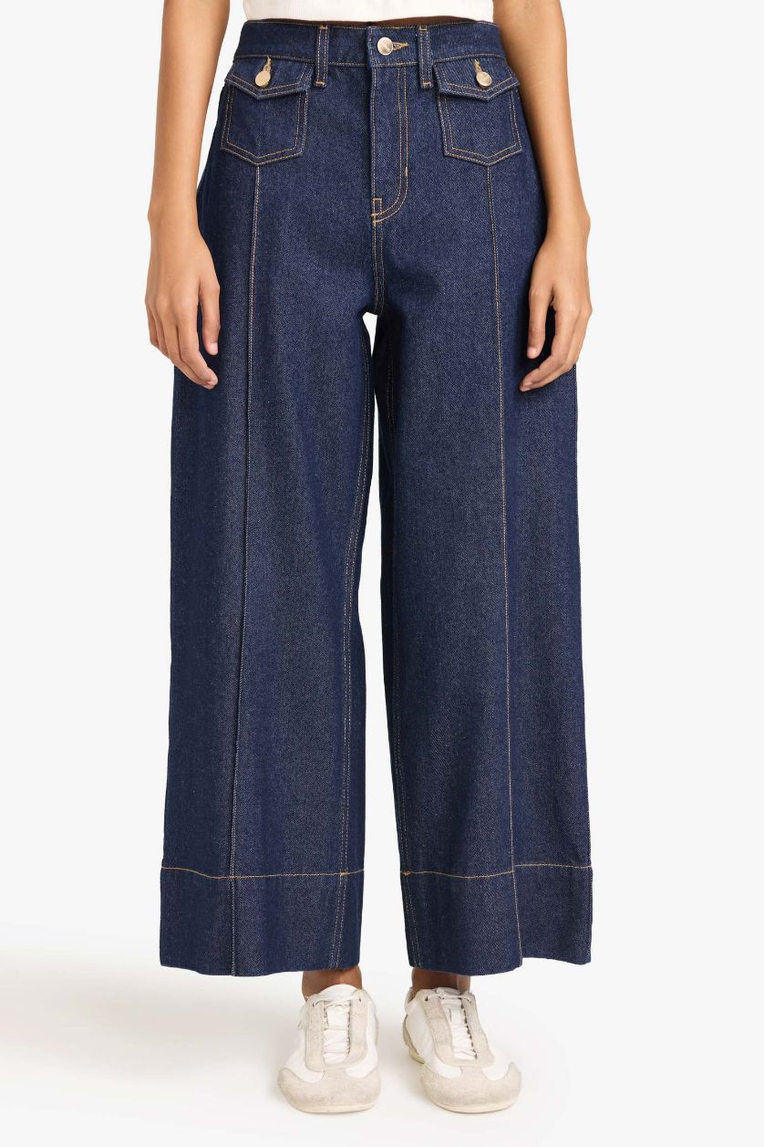 WOMAN Blue Black Short Wide Leg Crop Fit Denim Trousers