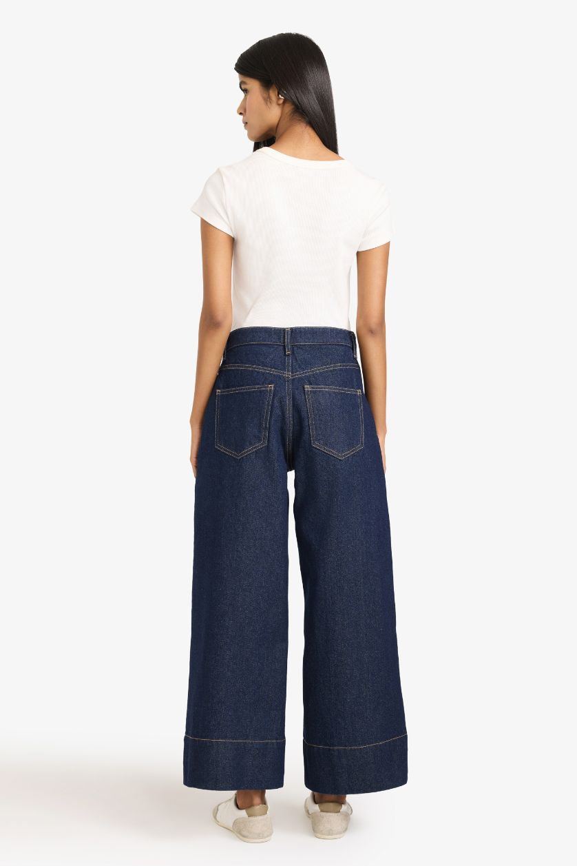 WOMAN Blue Black Short Wide Leg Crop Fit Denim Trousers