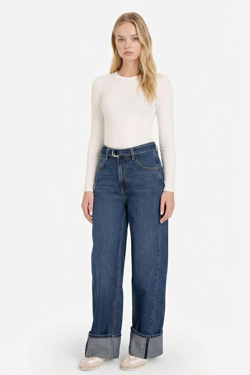 WOMAN Dark Blue Wide Leg Folded Leg Denim Trousers