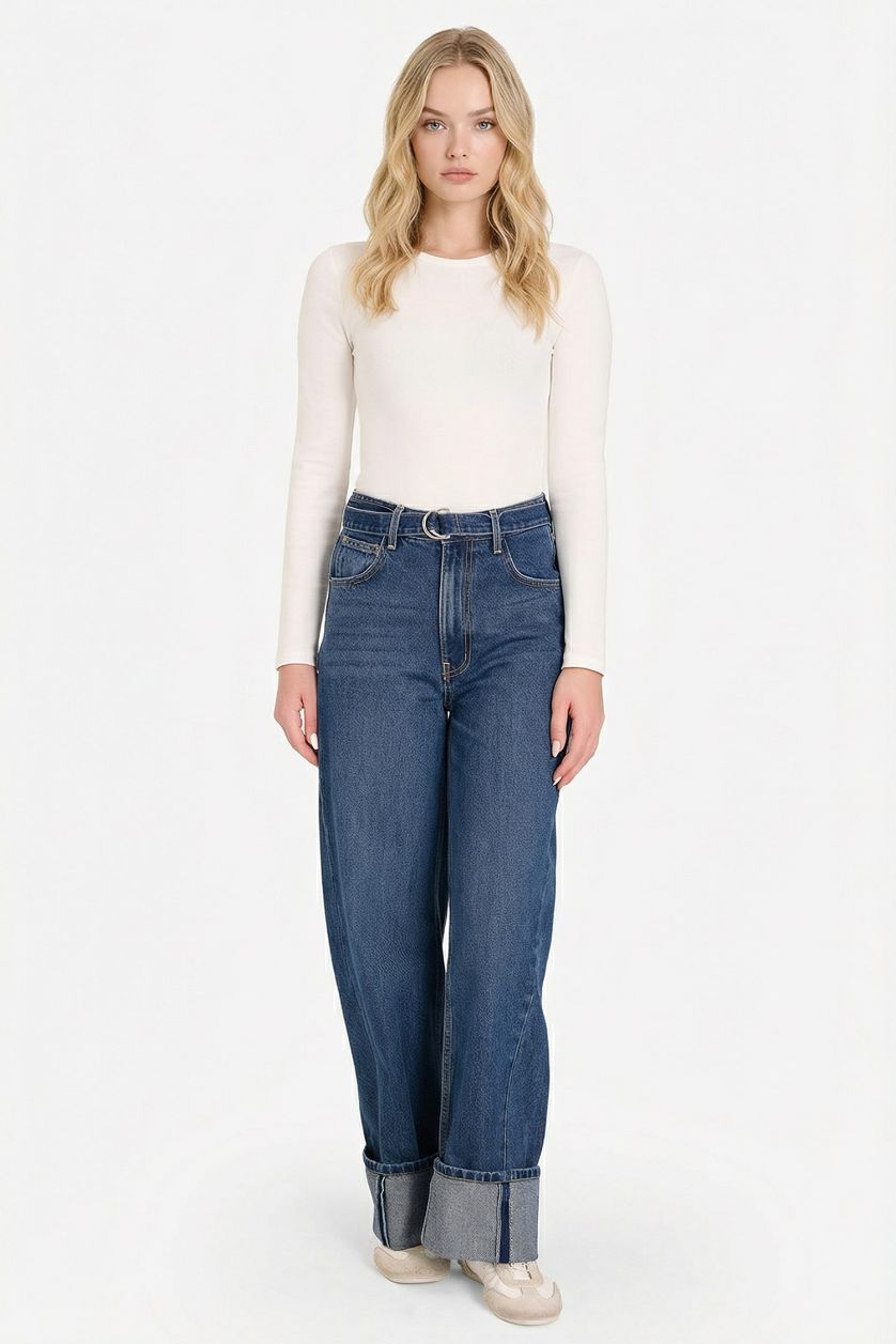 WOMAN Dark Blue Wide Leg Folded Leg Denim Trousers