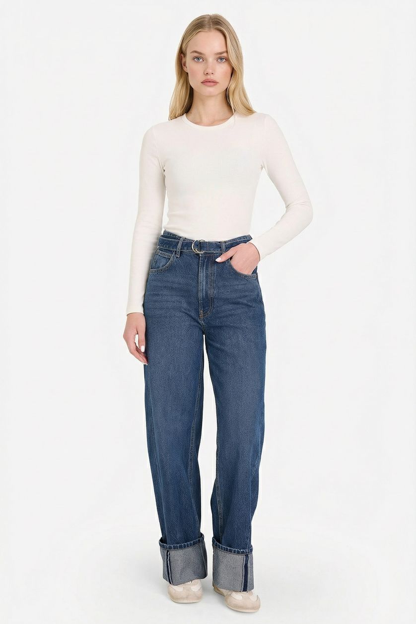 WOMAN Dark Blue Wide Leg Folded Leg Denim Trousers