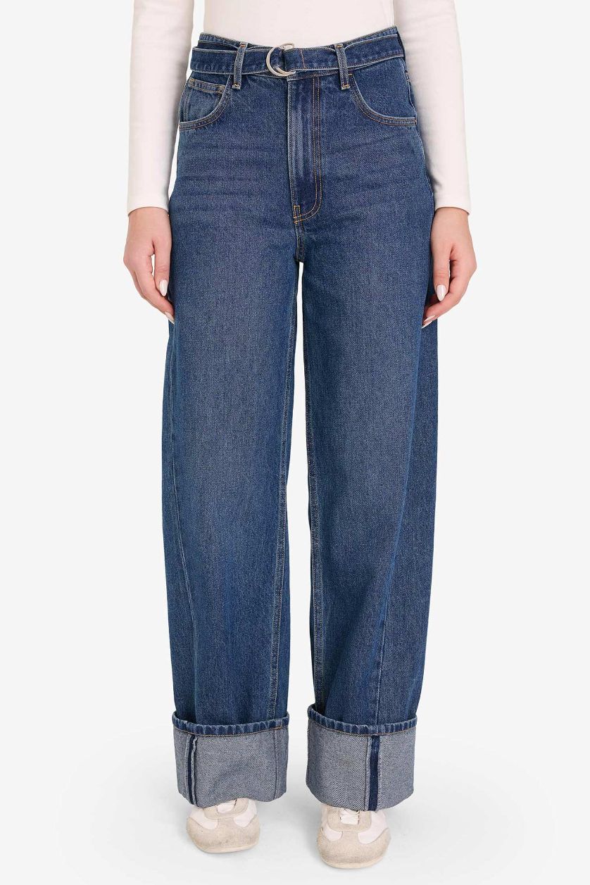 WOMAN Dark Blue Wide Leg Folded Leg Denim Trousers