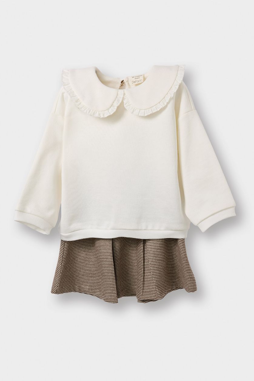 Kız Bebek Ekru 2'li Takım Büyük Yaka Sweatshirt Etek Kız Bebek