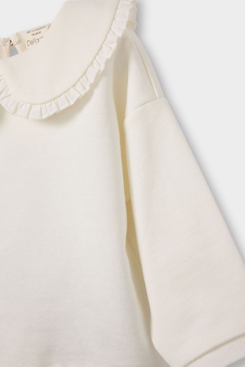 Kız Bebek Ekru 2'li Takım Büyük Yaka Sweatshirt Etek Kız Bebek