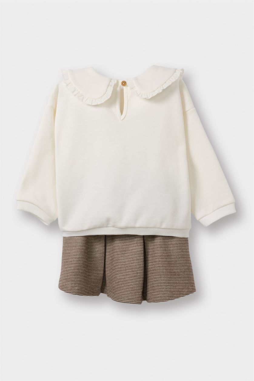 Kız Bebek Ekru 2'li Takım Büyük Yaka Sweatshirt Etek Kız Bebek