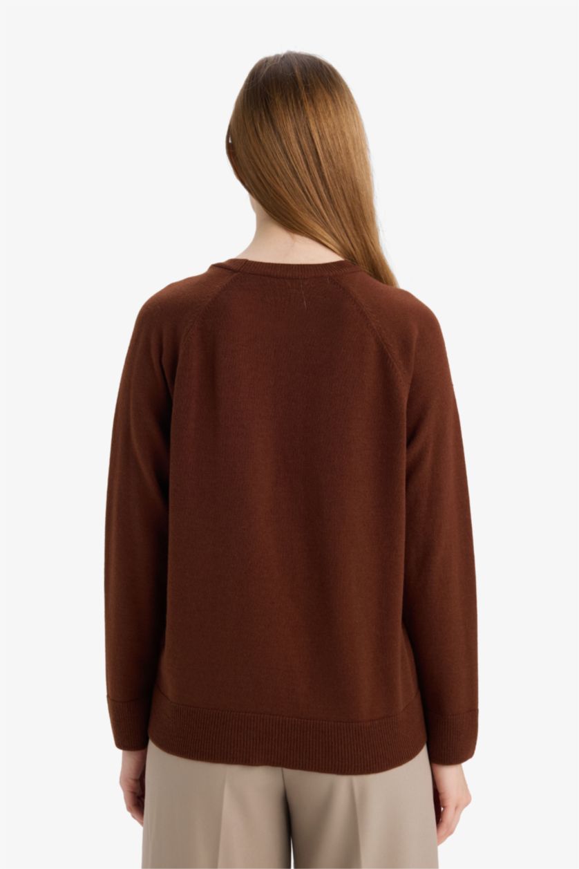 Kadın Kahve Yün Karışımlı Regular Fit Bisiklet Yaka Triko Tunik