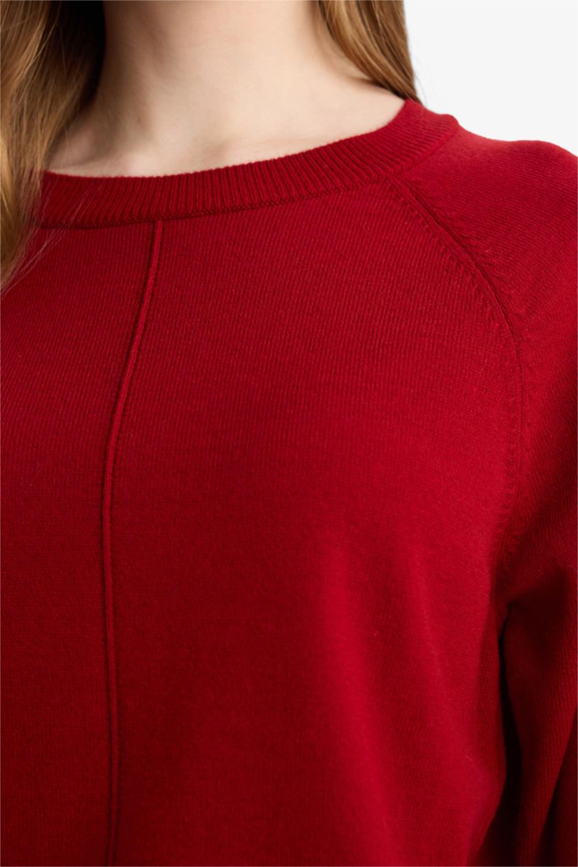 Kadın Kırmızı Yün Karışımlı Regular Fit Bisiklet Yaka Triko Tunik