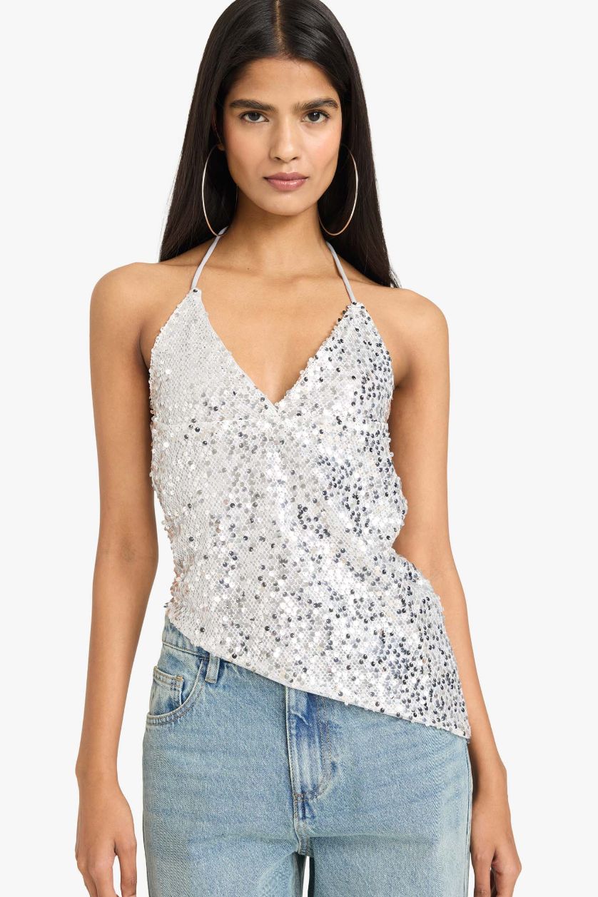 Woman White Neck Tie Sequined Asymmetrical Blouse