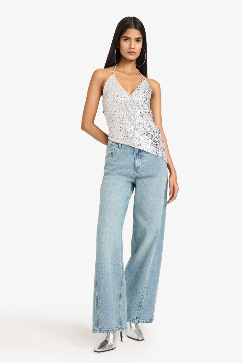 Woman White Neck Tie Sequined Asymmetrical Blouse