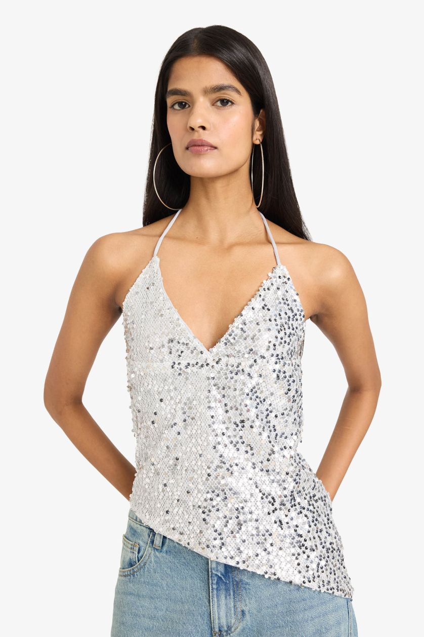 Woman White Neck Tie Sequined Asymmetrical Blouse