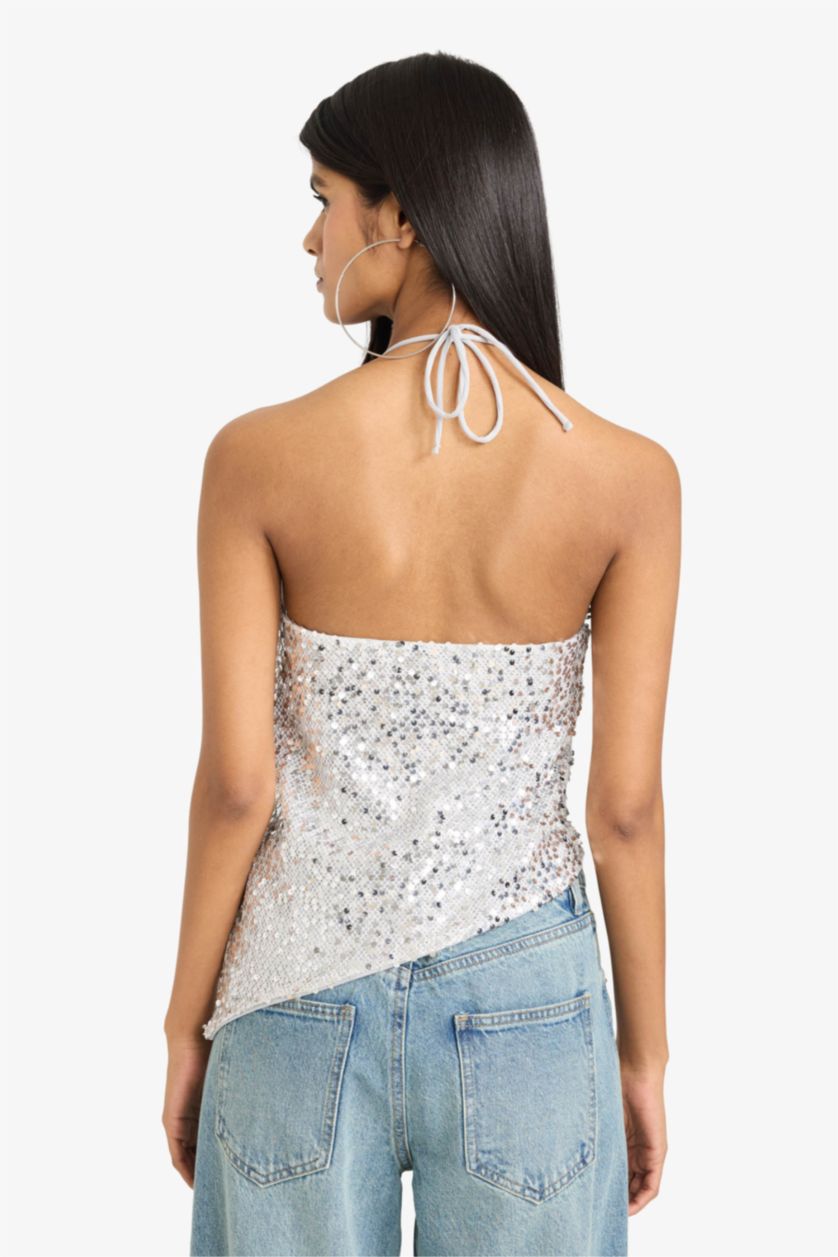 Woman White Neck Tie Sequined Asymmetrical Blouse