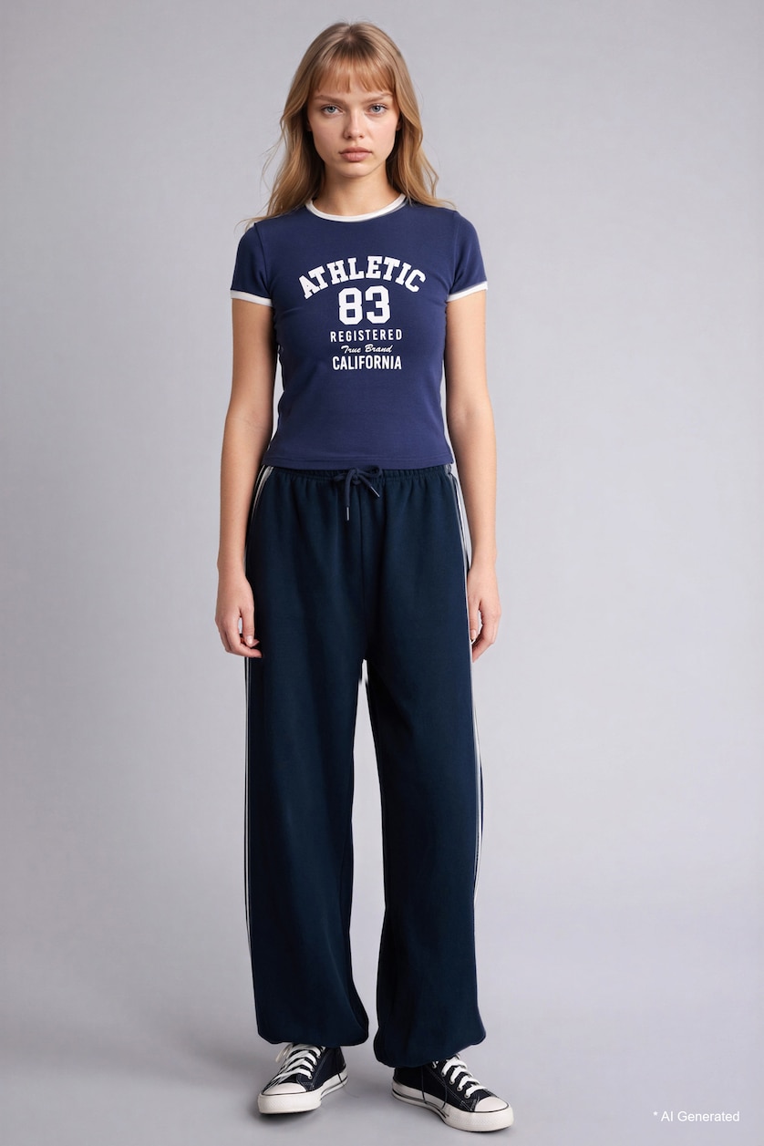 WOMAN NAVY Slim Fit Printed Short Sleeve T-Shirt