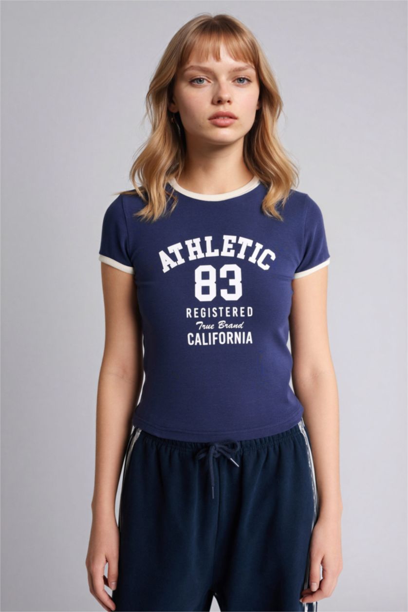 Женщины Синий Футболка Fitted в рубчик с принтом и коротким рукавом