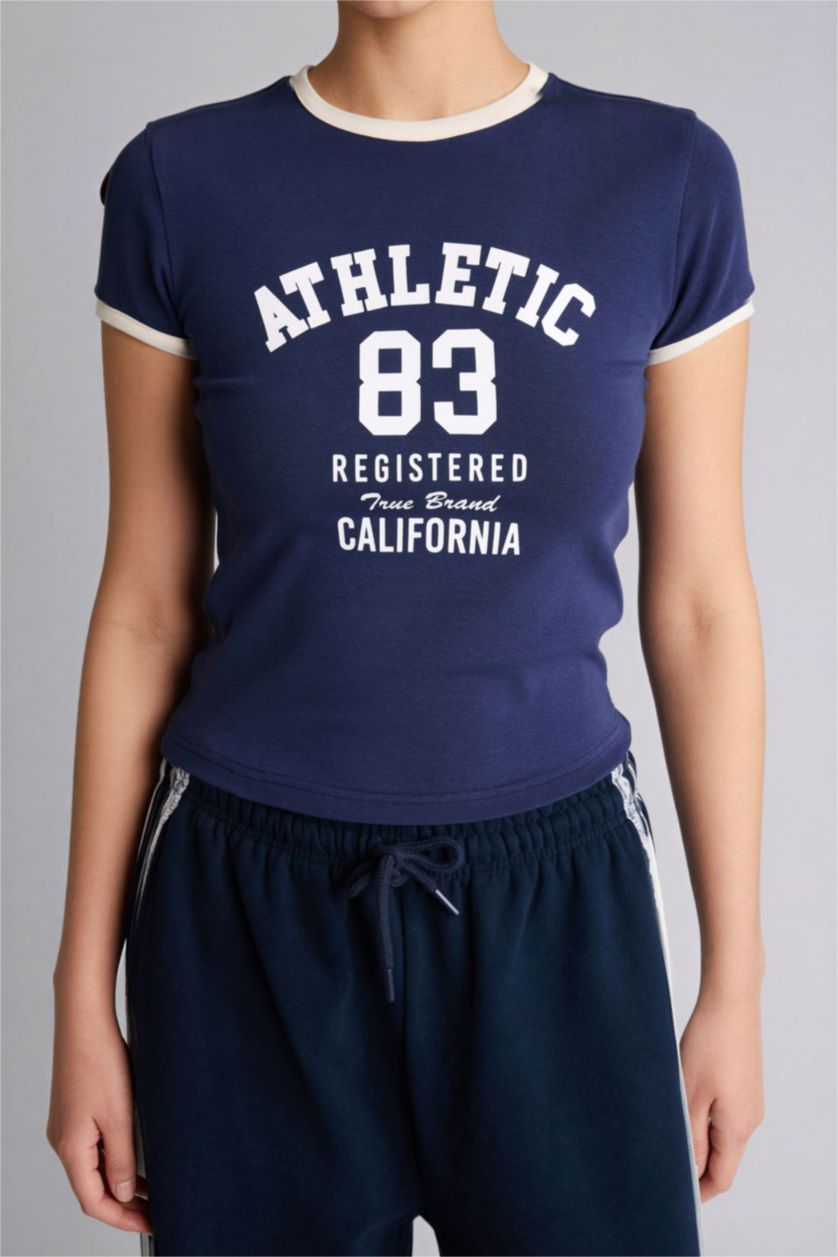 Женщины Синий Футболка Fitted в рубчик с принтом и коротким рукавом