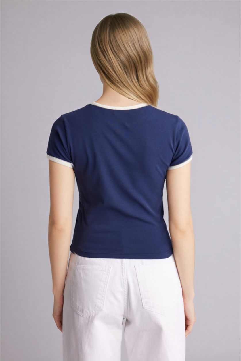 Женщины Синий Футболка Fitted в рубчик с принтом и коротким рукавом