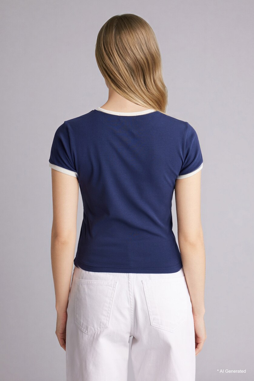 WOMAN NAVY Slim Fit Printed Short Sleeve T-Shirt