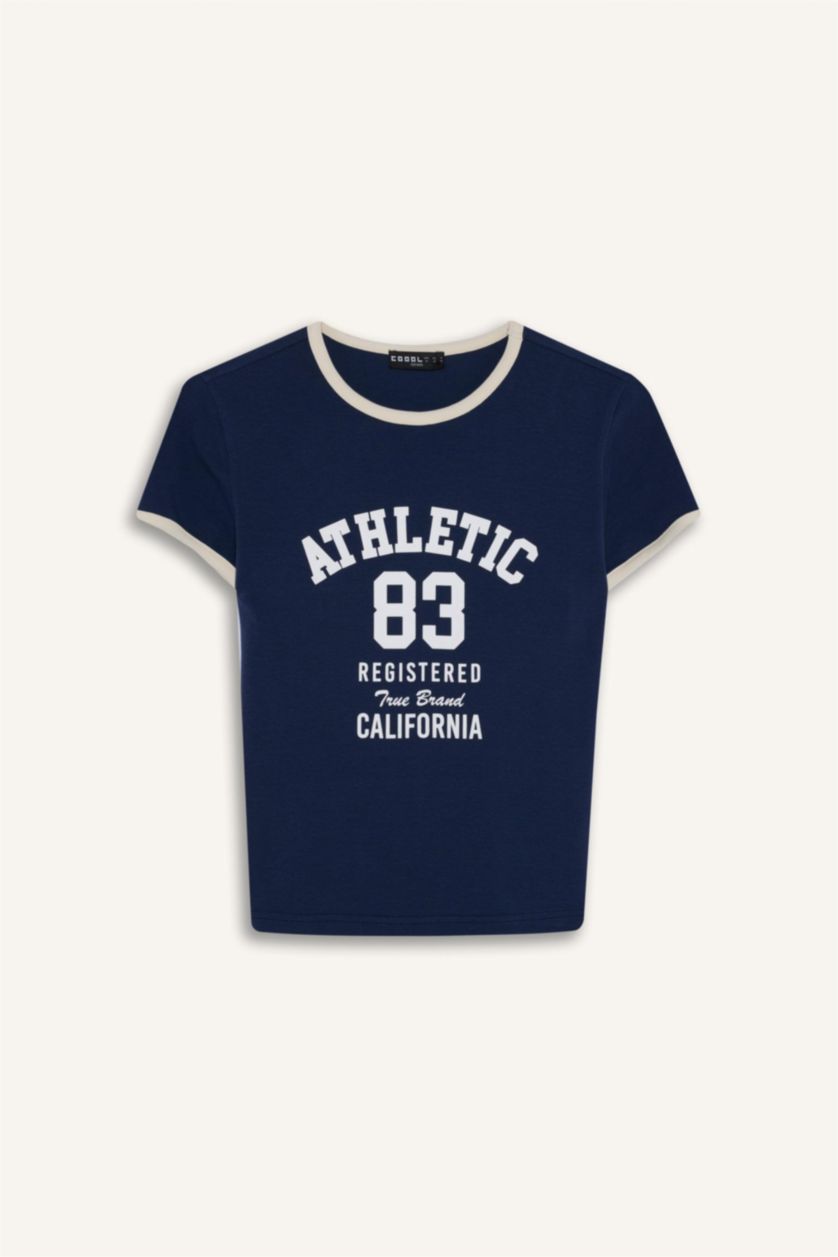 Женщины Синий Футболка Fitted в рубчик с принтом и коротким рукавом