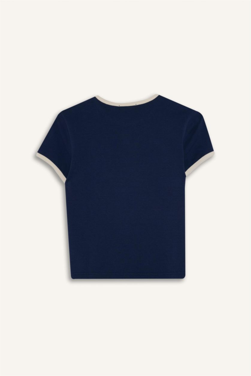 Женщины Синий Футболка Fitted в рубчик с принтом и коротким рукавом