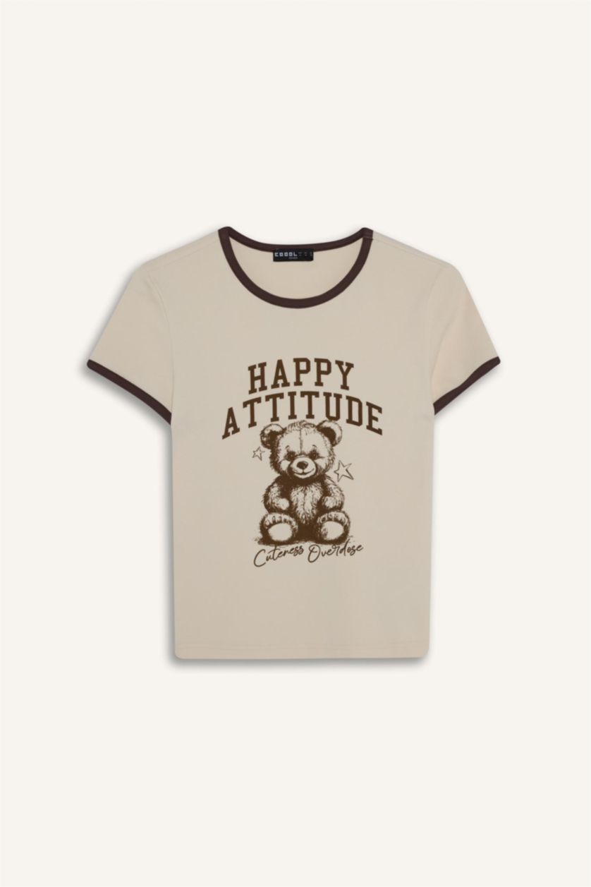 Женщины Светлая слоновая кость Футболка Fitted в рубчик с принтом и коротким рукавом