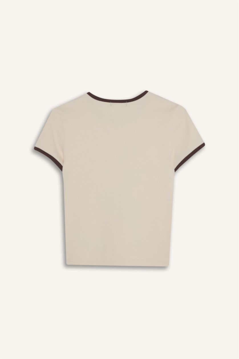 Женщины Светлая слоновая кость Футболка Fitted в рубчик с принтом и коротким рукавом