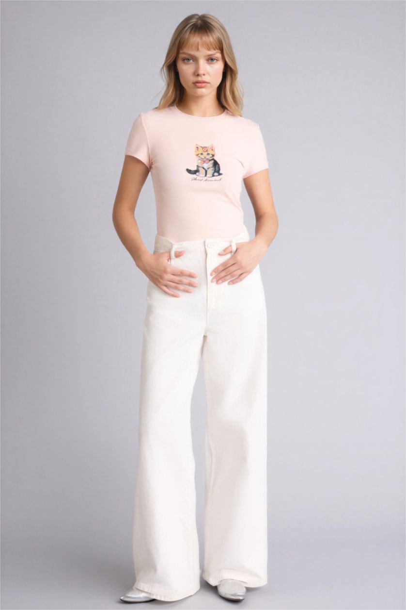 Женщины Светло-розовый Футболка Fitted в рубчик с принтом и коротким рукавом