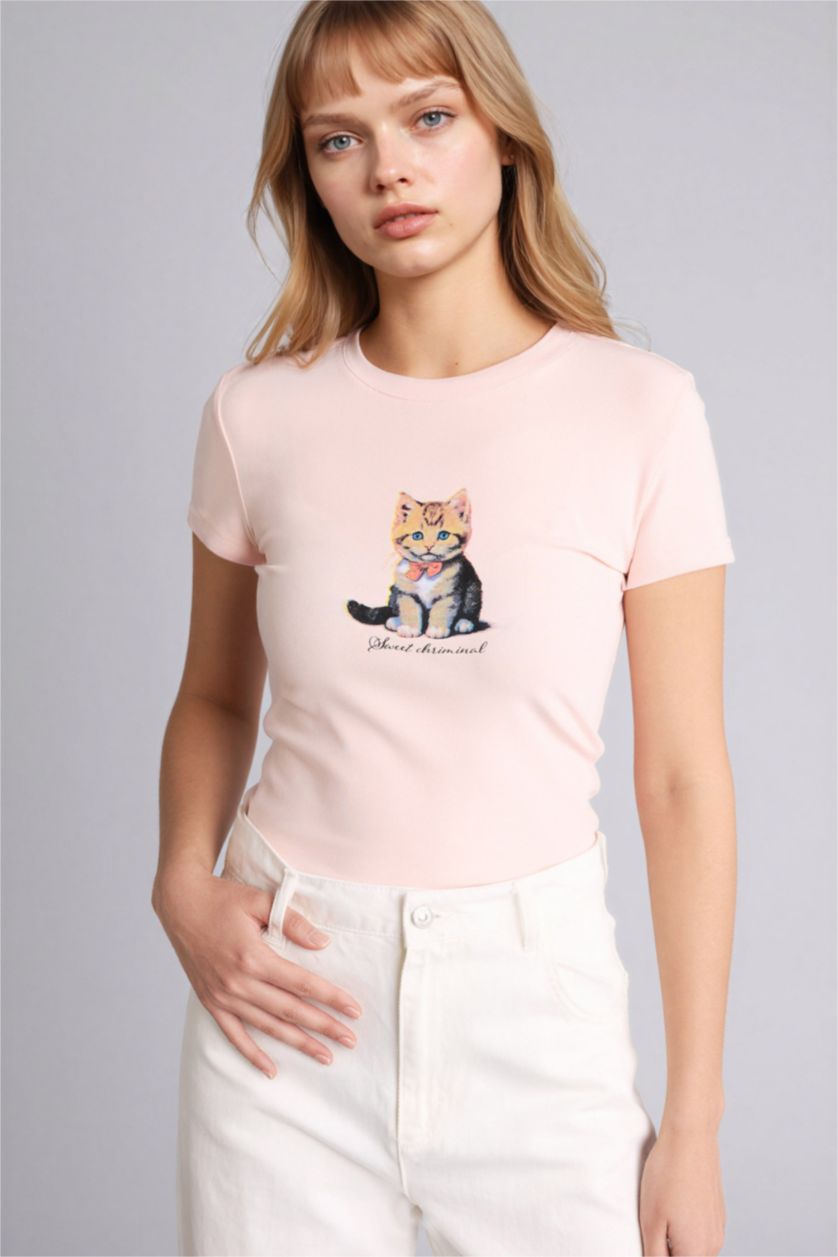 Женщины Светло-розовый Футболка Fitted в рубчик с принтом и коротким рукавом