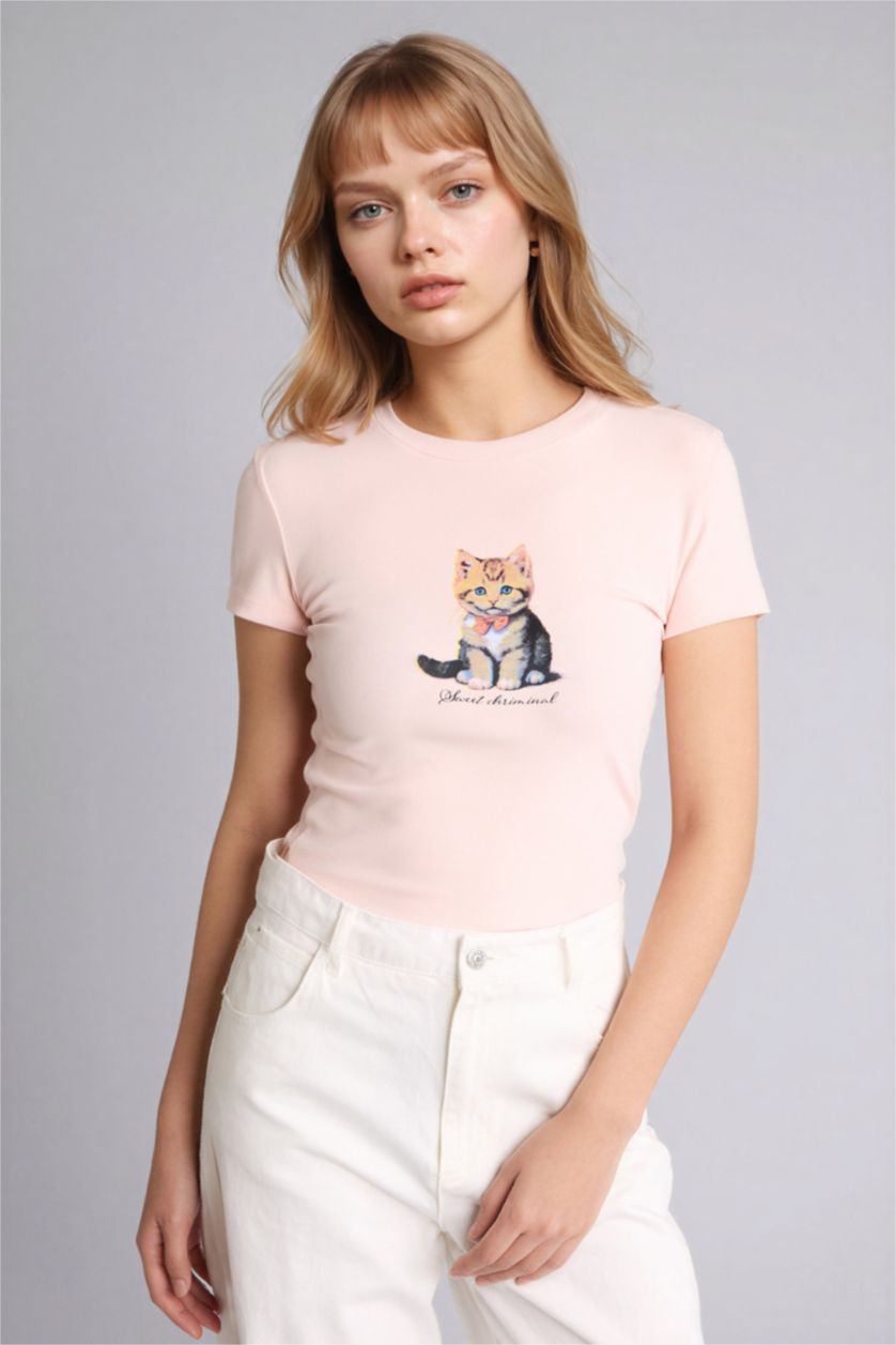 Женщины Светло-розовый Футболка Fitted в рубчик с принтом и коротким рукавом