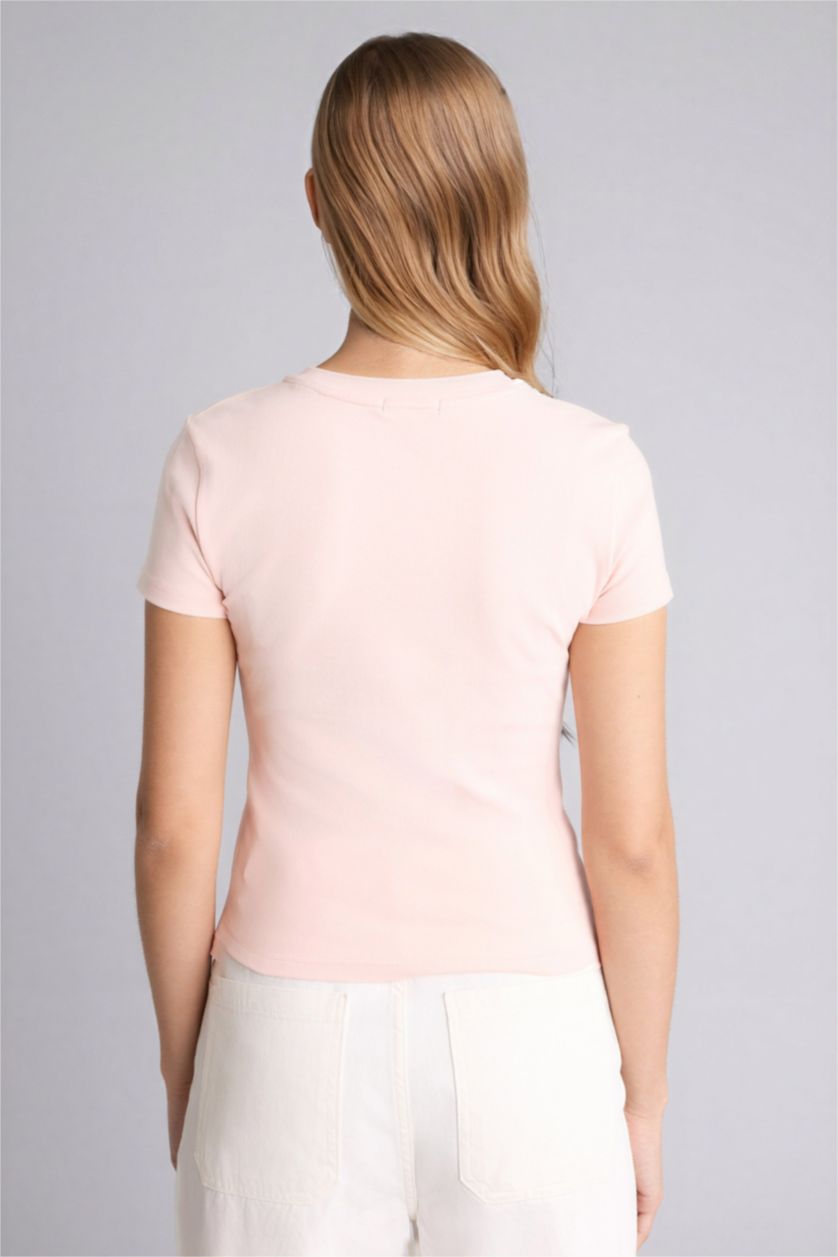 Женщины Светло-розовый Футболка Fitted в рубчик с принтом и коротким рукавом