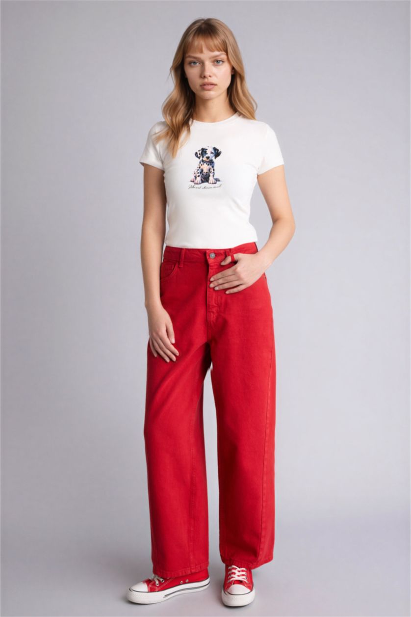 Женщины Кремовый Футболка Fitted в рубчик с принтом и коротким рукавом