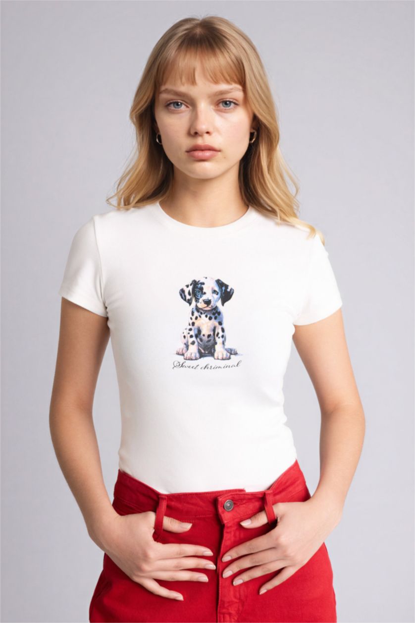 Женщины Кремовый Футболка Fitted в рубчик с принтом и коротким рукавом