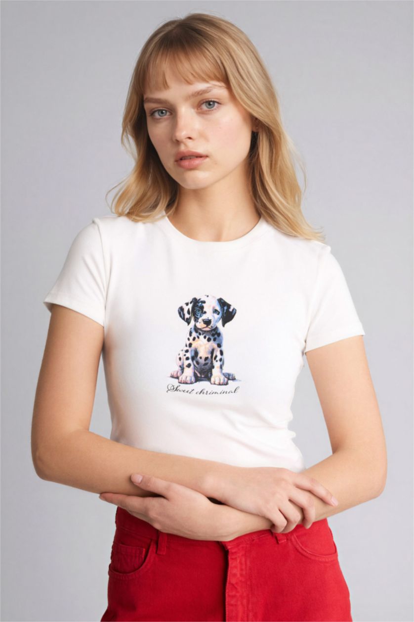 Женщины Кремовый Футболка Fitted в рубчик с принтом и коротким рукавом