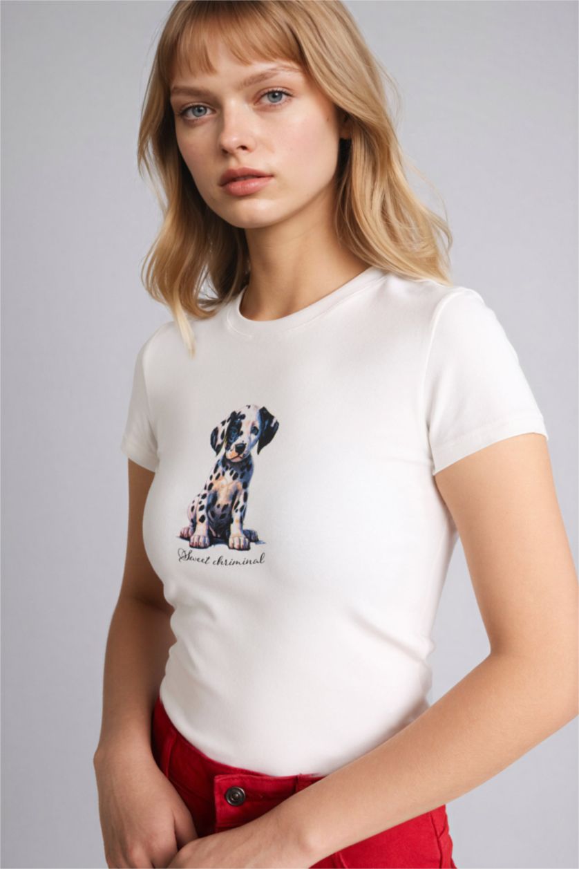 Женщины Кремовый Футболка Fitted в рубчик с принтом и коротким рукавом