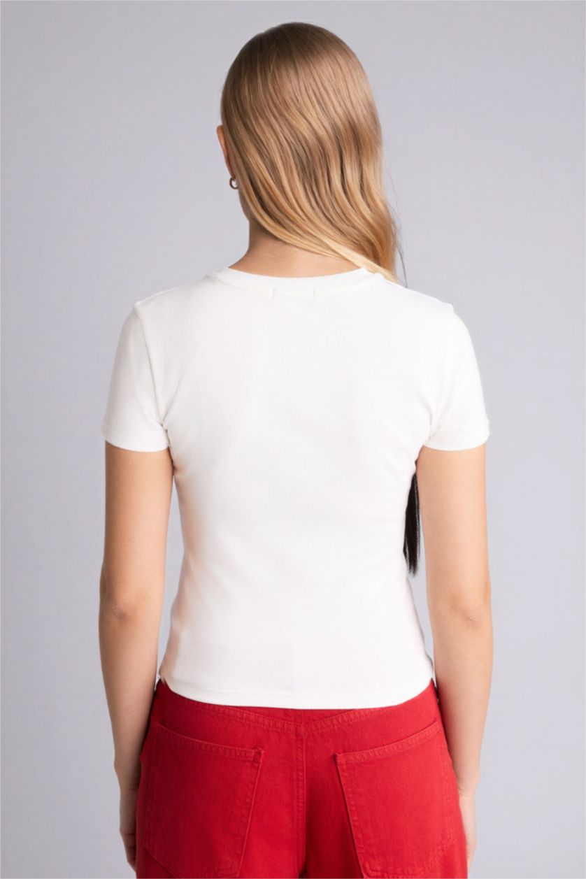 Женщины Кремовый Футболка Fitted в рубчик с принтом и коротким рукавом