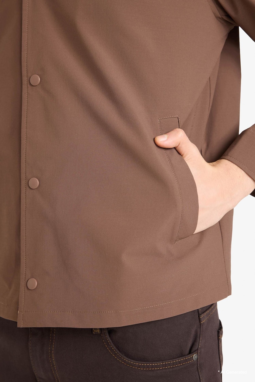 Men Brown Regular Fit Shirt Collar Snap Button Jacket