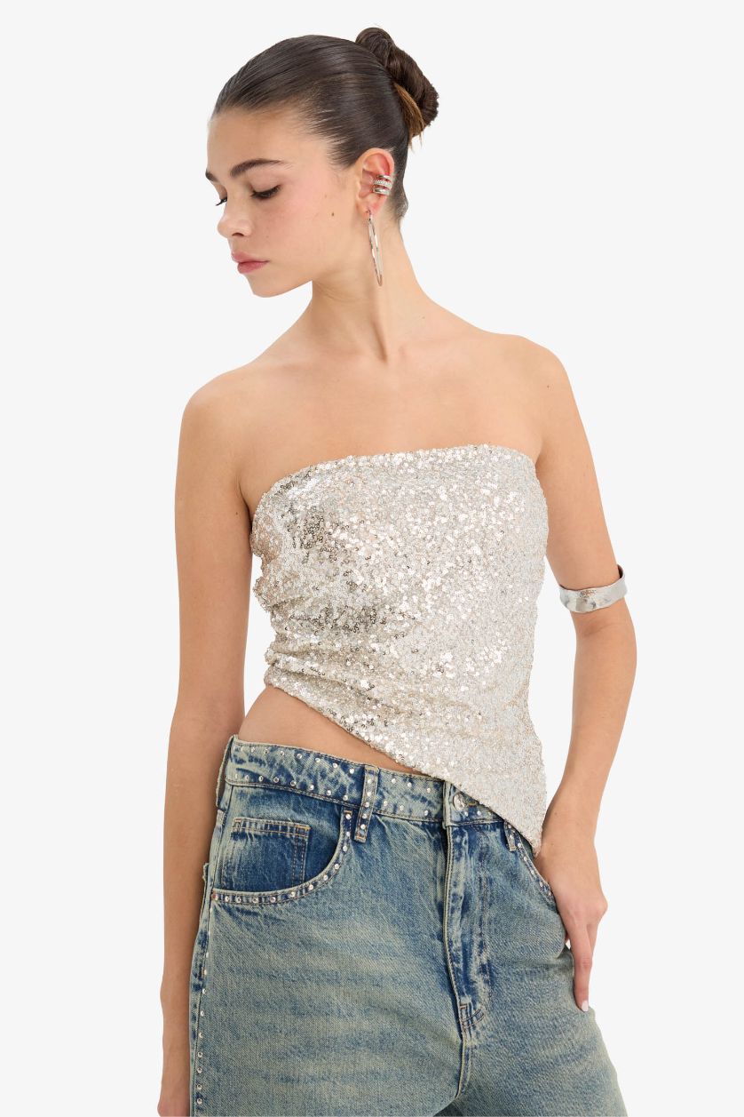 Kadın Bej Fitted Straplez Payetli Tül Bluz