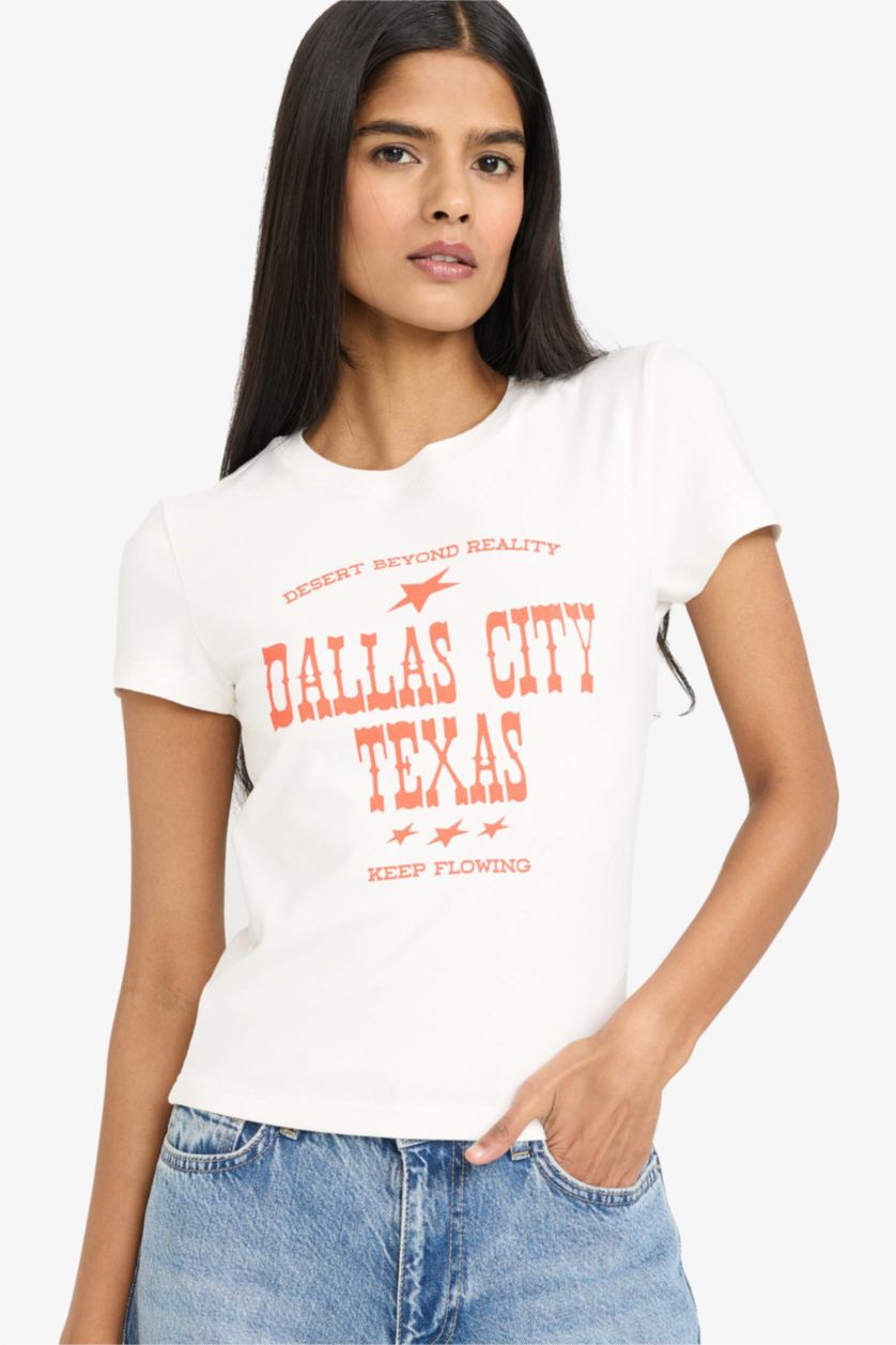 Женщины Кремовый Футболка Fitted в рубчик с круглым вырезом принтом и коротким рукавом