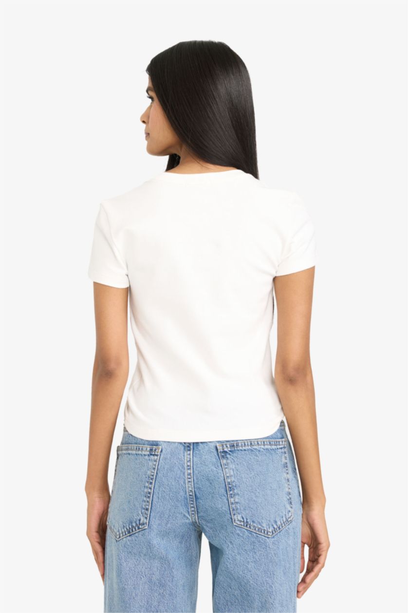 Женщины Кремовый Футболка Fitted в рубчик с круглым вырезом принтом и коротким рукавом