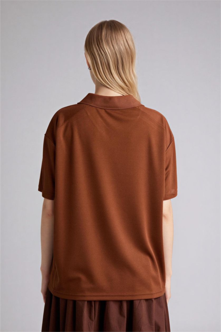 Женщины Коричневый Футболка оверсайз с воротником поло принтом и коротким рукавом