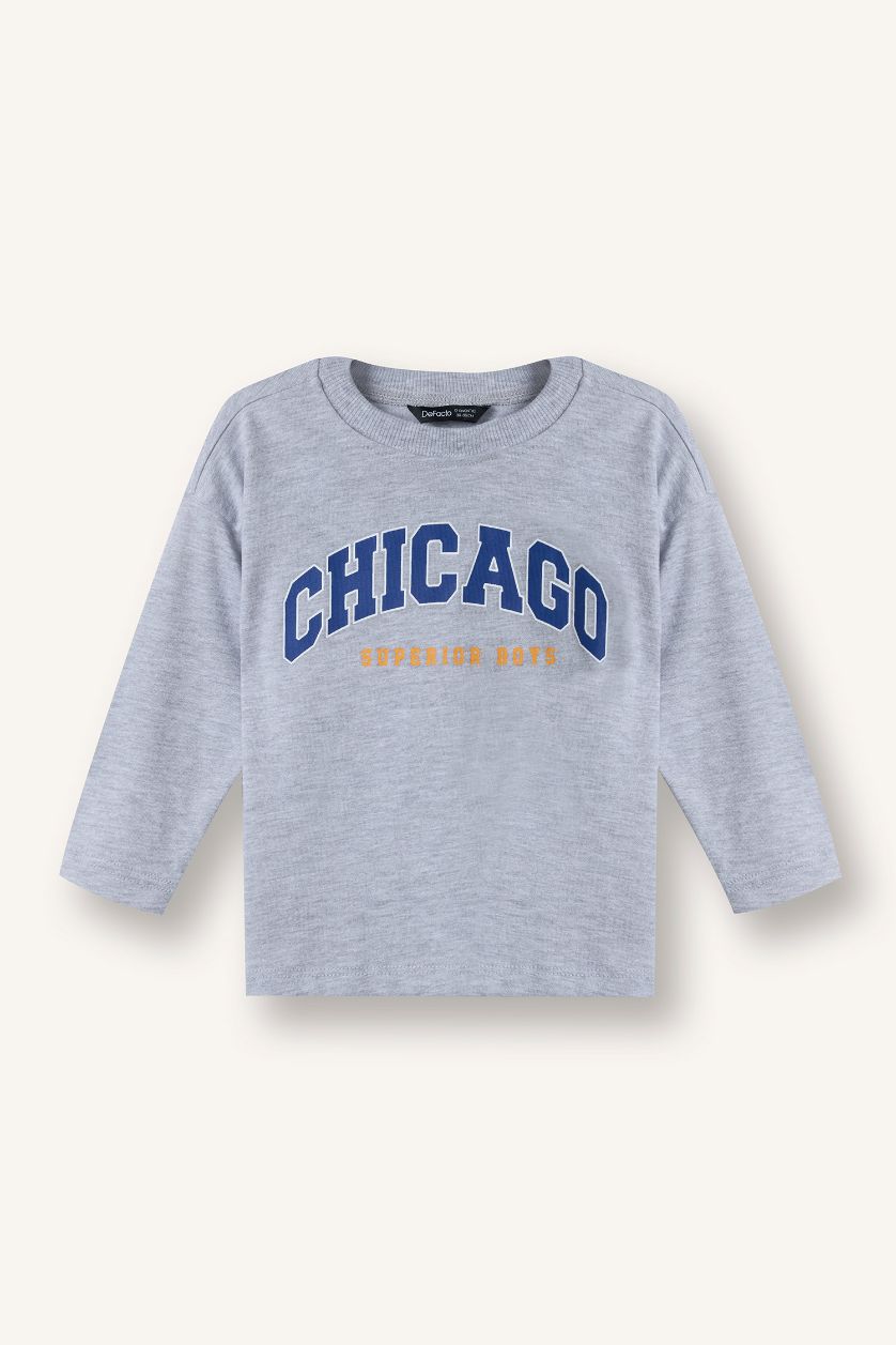 Erkek Bebek Açık Gri Oversize Baskılı 2'li Uzun Kollu Tişört Erkek Bebek