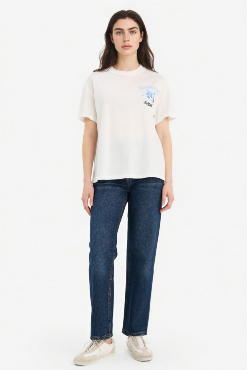 Kadın Kırık Beyaz Oversıze Bisiklet Yaka Baskılı Kısa Kollu Tişört