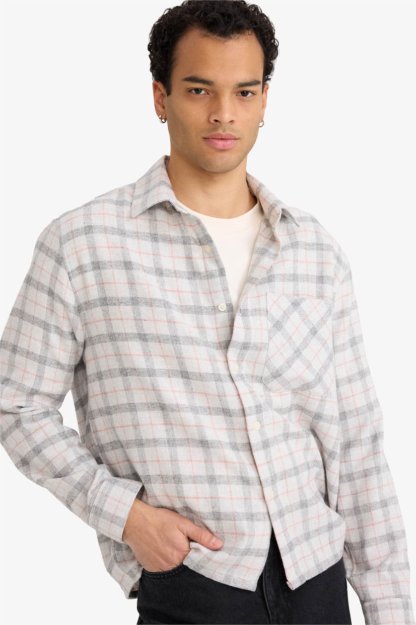 MAN Light Grey قميص كاروهات كم طويل اوفر سايز